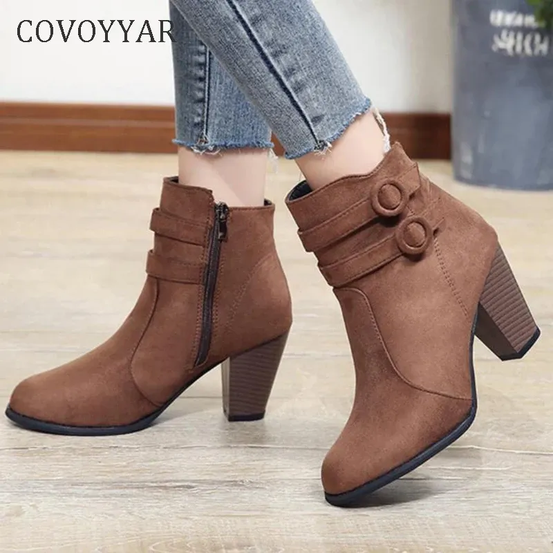 Buty Covoyyar 2023 Double Woman Boots Autumn Winter Buty Kobiety Blok pięty Stado Krótkie kostki Buty Lady Casual Shoes WBS006