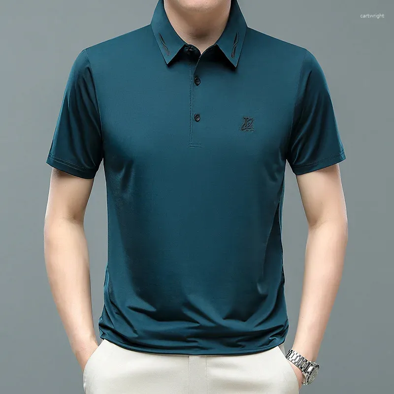 Polos pour hommes T-shirt d'été de couleur unie mince en soie glacée à manches courtes Polo ample col décontracté haut