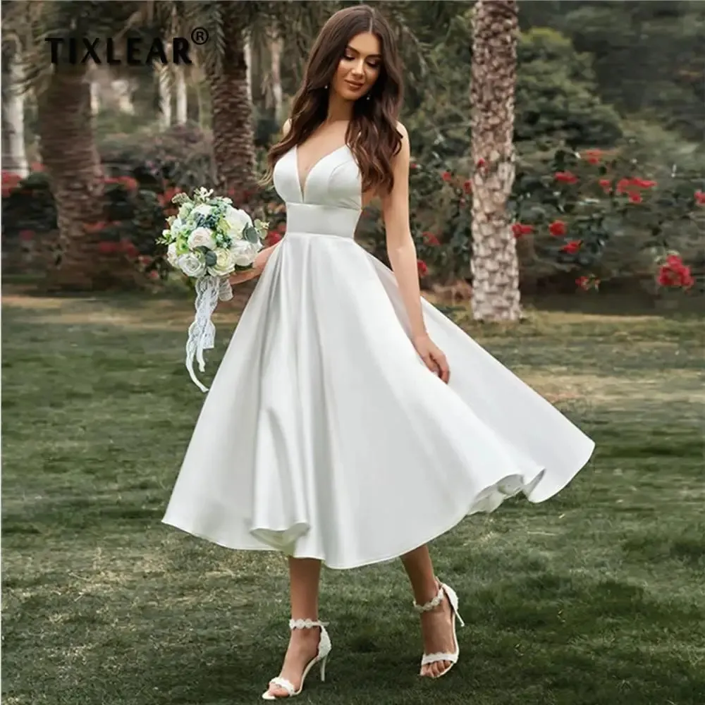 Elegant Short Wedding Dress Simple A-Line Civil Ceremony Gown, V-Neck  Spaghetti Straps, Tea Length Bridal Robe Buy Now!