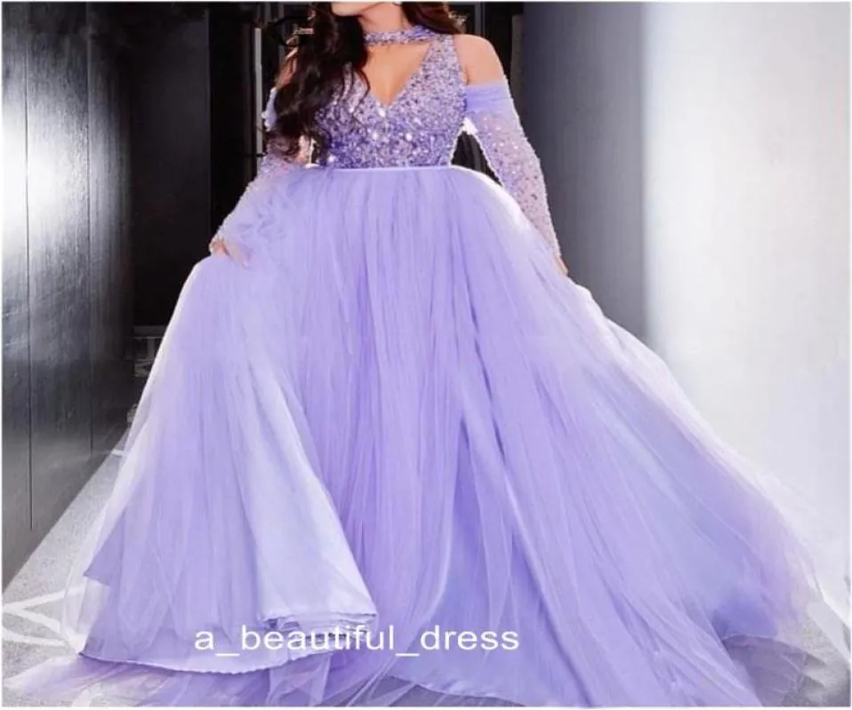 Robe de Soiree Dubai Light Purple Ball -klänning Arabisk aftonklänning Elegant av axel Långa ärmar Lavendelformella balklänningar ED2731133