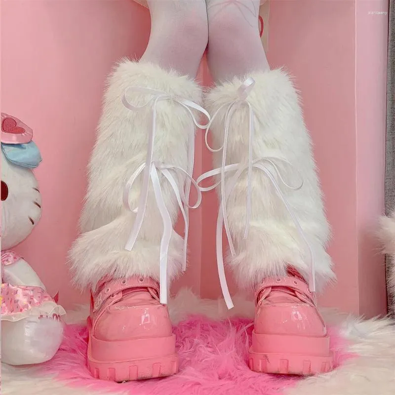 Women Socks Punk Ribbon Bow Faux Fur Leg Warmers Thickened Imitation Leggings Boots Cover Lolita Kawaii Harajuku Party Accessories