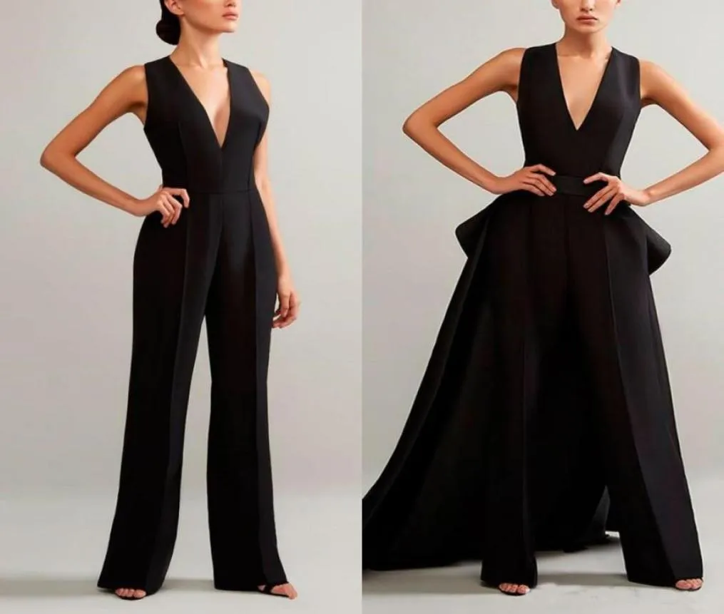 Elegante zwarte jumpsuits avondjurken met afneembare rok V-hals galajurken Plus size dames feestjurken1347260