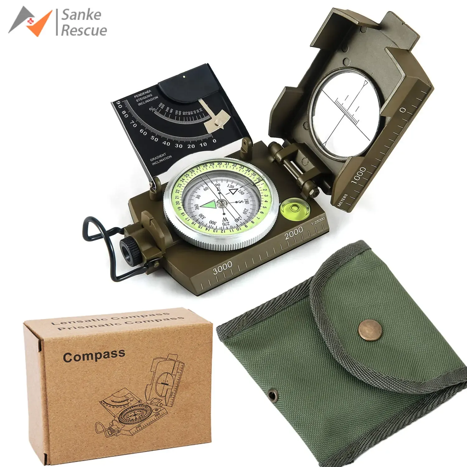 Kompass multifunktionell militär syn Navigeringskompa med inklinometer Impact Resistant Waterproof Compass för vandring camping