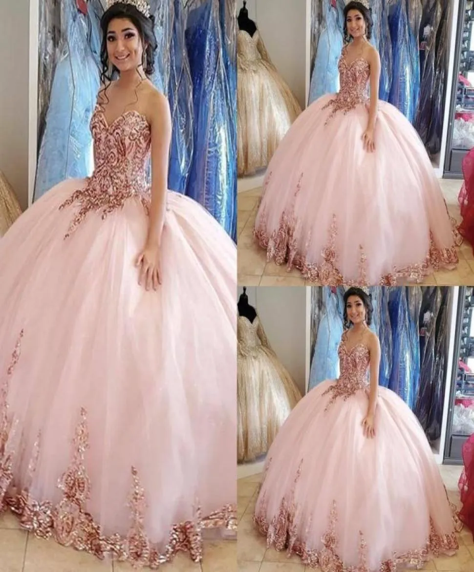 Gül Altın Pembe Papalı Elegent Quinceanera Elbiseler Balo Elbise Sevgilim Kolel Seeless Plus Boyutu Dantel Resmi Parti Prom Çiftlik 3386307