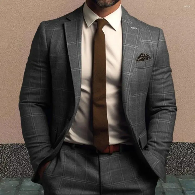 Men's Suits Men Suit Coat Formal Business Style Plaid Print Long Sleeve Blazer Single Button Closure Mid Length Straight Work Office