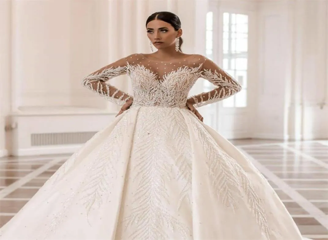 Vestidos de Novia العربية الفاخرة الفاخرة الدانتيل الزفاف فستان طويل الأكمام ثلاثية الأزهار الزفاف العفن رداء De Mariee1911391