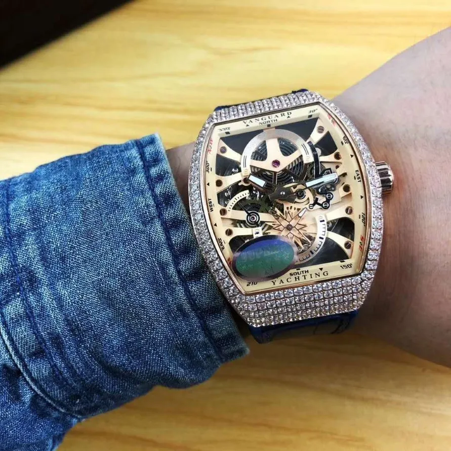 Popularny nowy męski zegarek Importuj Automatyczny ruch mechaniczny 54 42 mm puste diamentowy ramka skórzana opaska moda Men257p