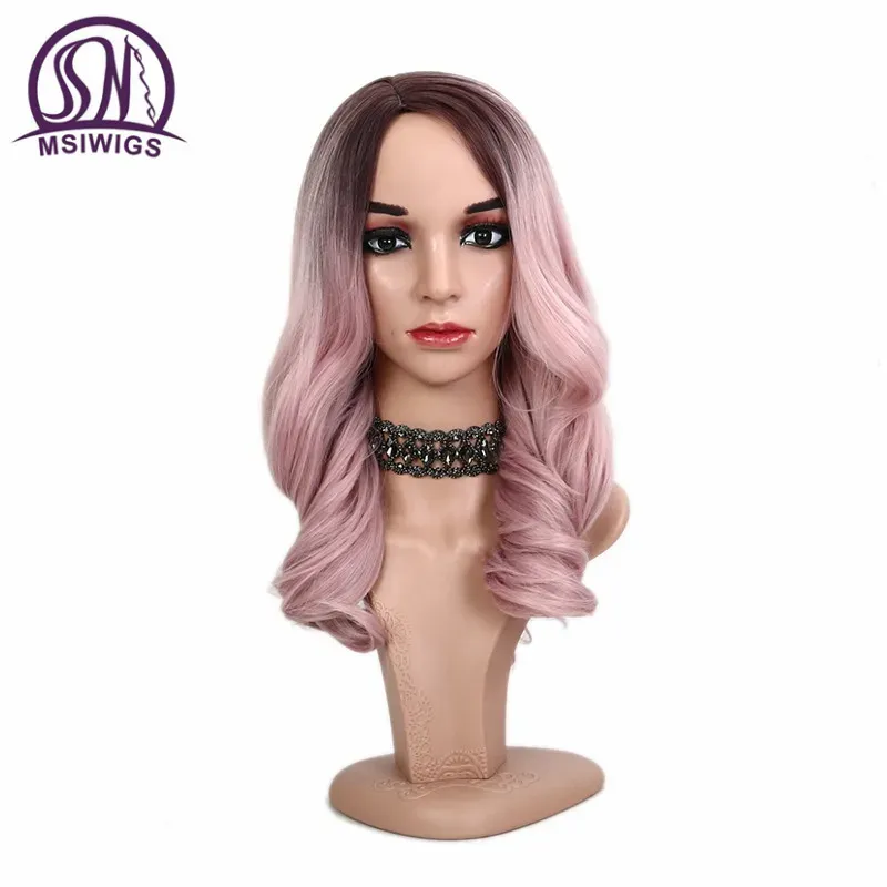 Perruques MSIWIGS Longue Perruque Rose pour Femmes Deux Tons Noir et Blond Ondulés Cosplay Résistant À La Chaleur Synthétique Faux Cheveux