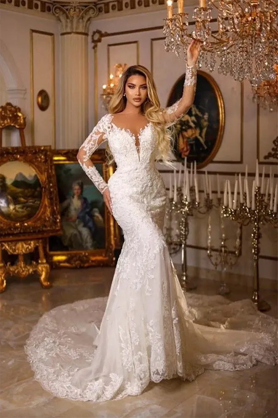 New Lace Mermaid Wedding Dresses Sheer Long Sleeves Tulle Applique High Neck Illusion Back Court Train Bridal Gowns With Buttons Back