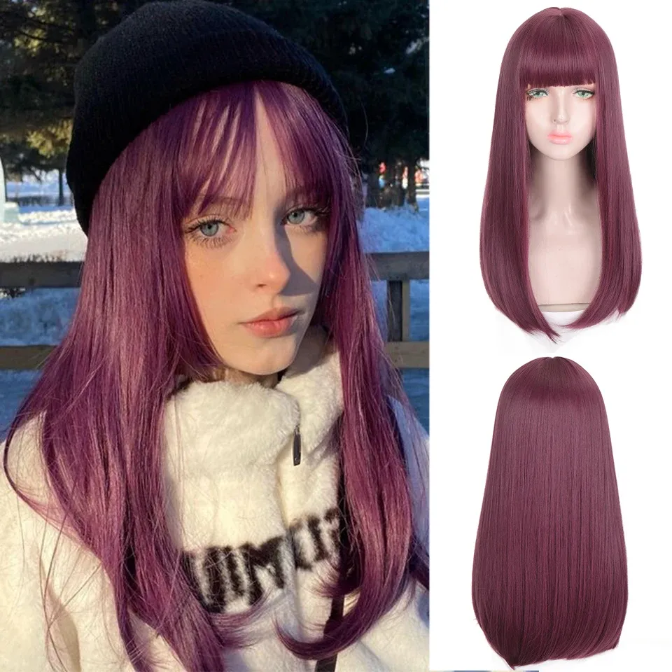 Peruker houyan långt rakt hår syntetisk peruk flicka lila rosa svart gradient cosplay lolita bangs peruk heatresistant