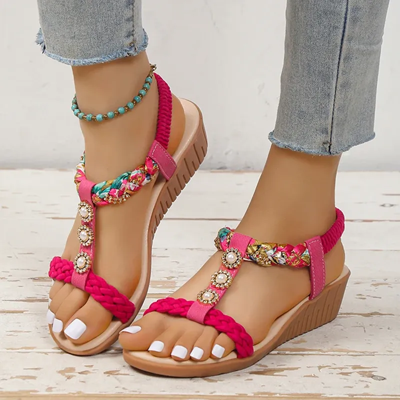 Botas Bohemia Sandálias de cunha de verão para mulheres CRISTAL IMPRESSO ELÁSTICA SANDIA SANDALS SANDALS MULHER ALIME