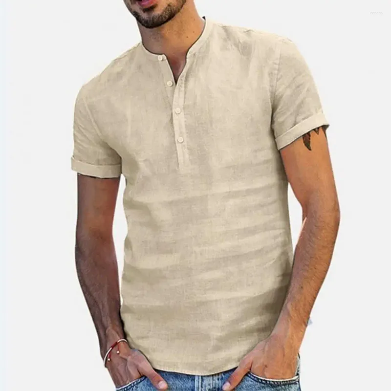 Men's T Shirts Short Sleeve Shirt Button Neckline Stylish Stand Collar Button-up For Casual Business Wear Solid Color