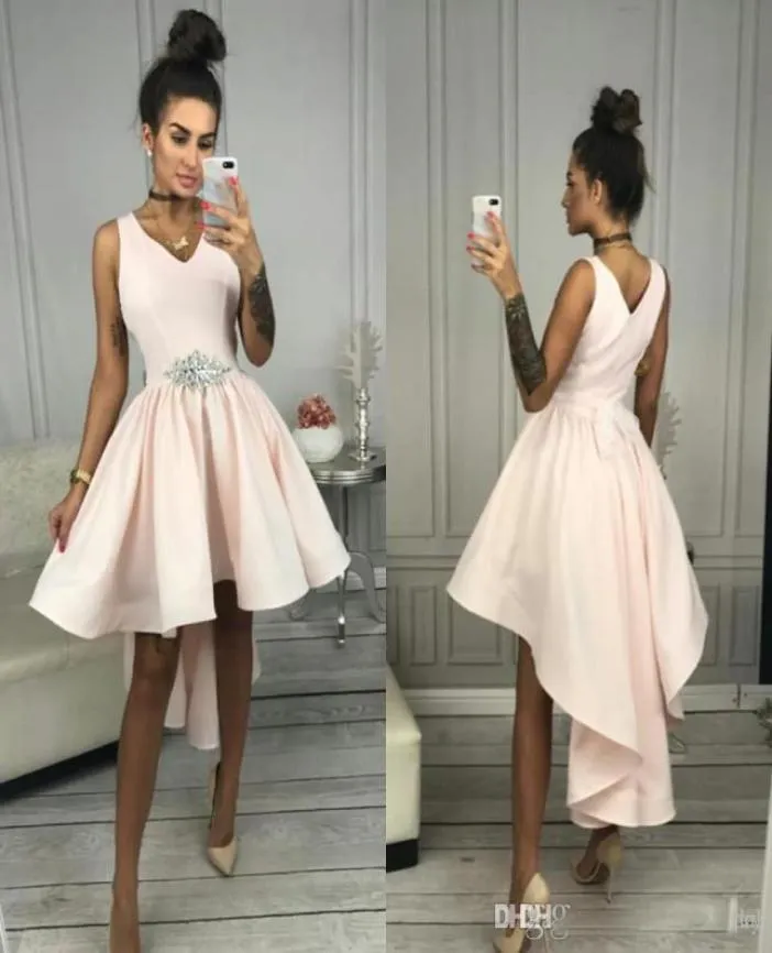 Modest A Line Short Cocktail Party Dresses Sexy V Neck Sash Beaded Satin Simple Hi Lo homecoming Dress Custom Made7509821