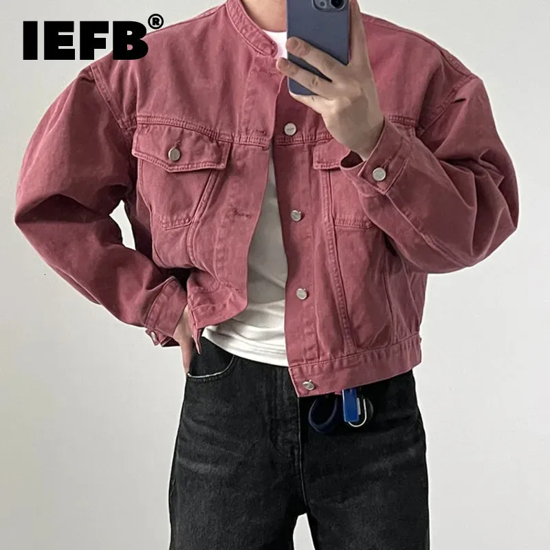 IEFB Fashion Mens Denim Jacket High Street Male Stand Collar Top Solid Color Short Coat 2023 Autumn Menwear 9C644 240311