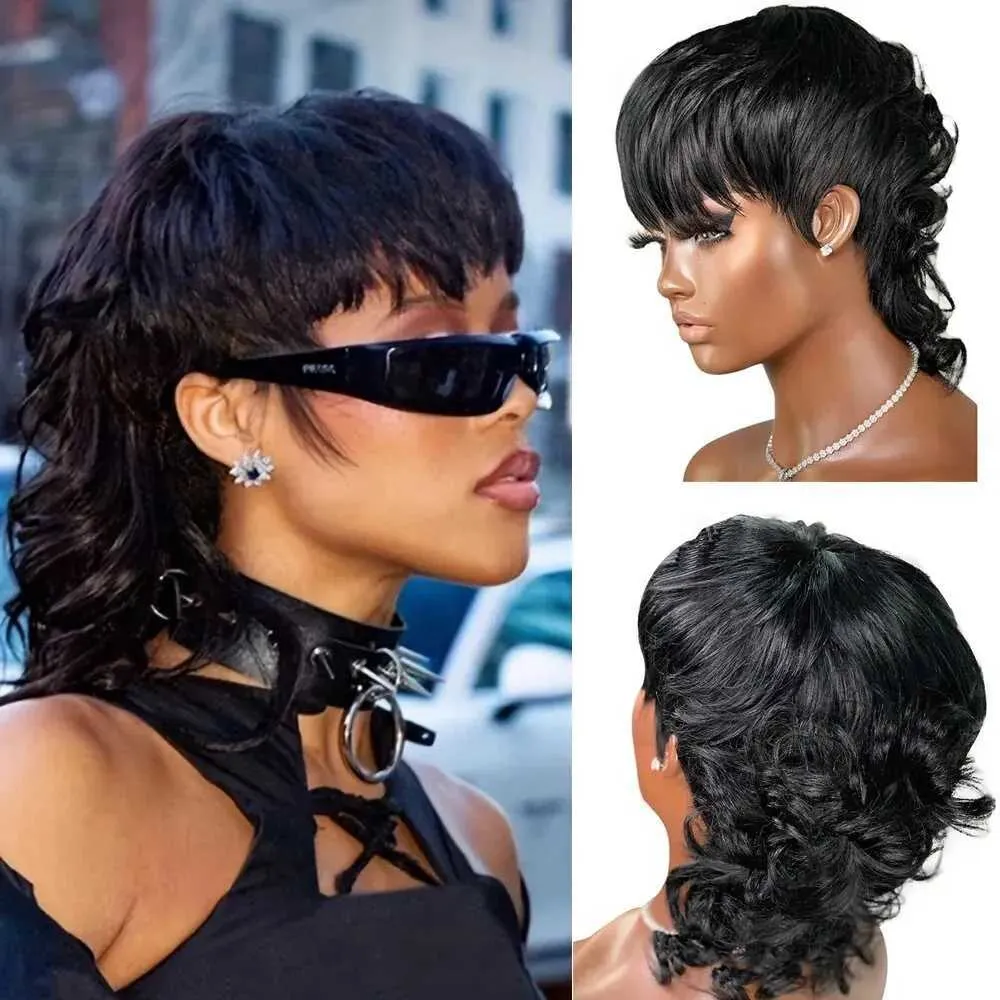 Synthetic Wigs Synthetic Wigs Jerry Curl Remy Human Hair Mullet Full Machine Made Wig With Bangs Glueless Pixie Cut Dovetail Natural Color Wigs Ready To Wear 240329