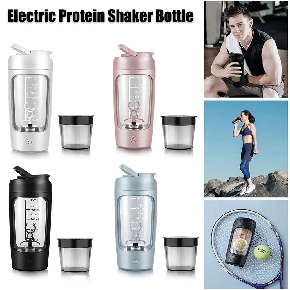 500 ml Electric Protein Shaker Cup med pulverförvaring Container Mixer Cup Gym Sport Vattenflaskor med tråd Visp Ball Drinkware 240401