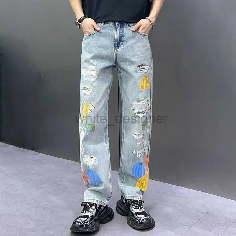 Luxury men's jeans designer jeans Man 2024 Washed and Spliced Denim American Pants Trendy Men Loose Straight Leg Mens Fashion Denim Pants