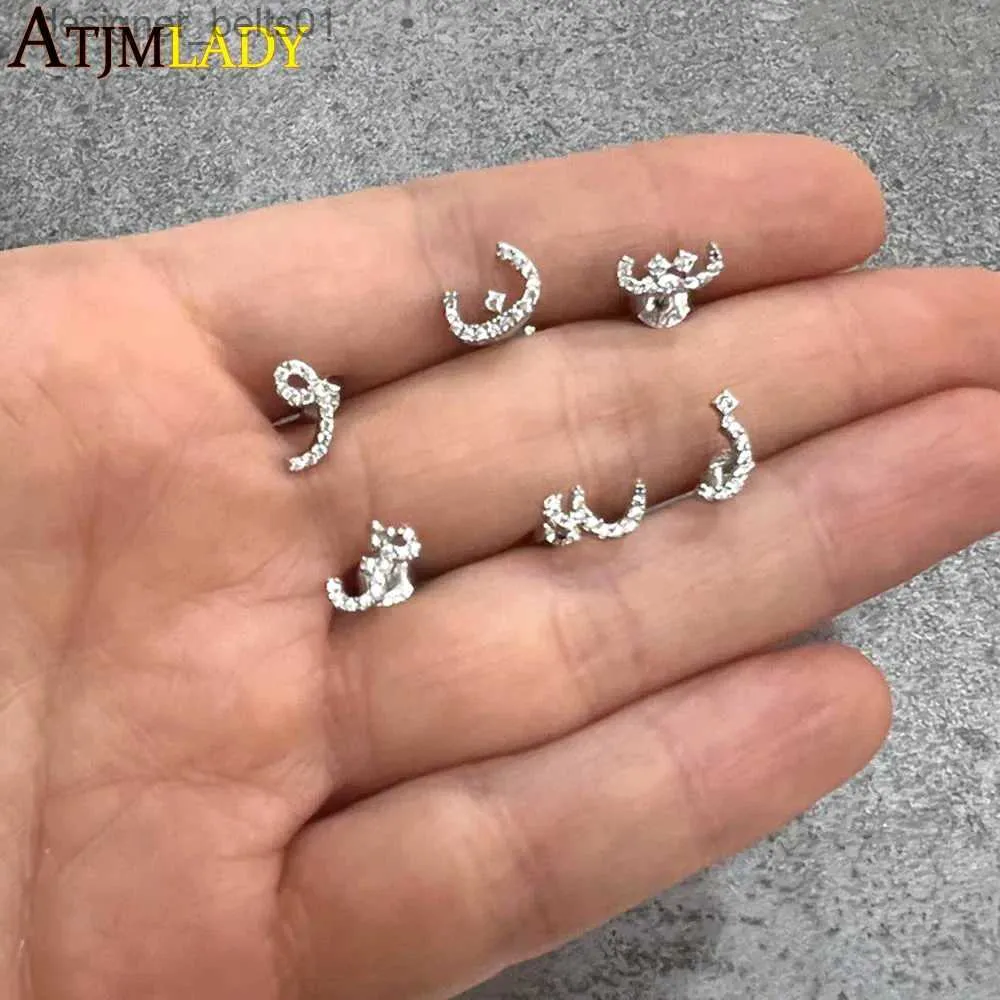 Stud 925 Sterling Silver Arabic Alphabet Shed Piercing Women Jewelry Fashion Birtay Gifts Sparking CZ Zircon Ear Initial EarringsC24319