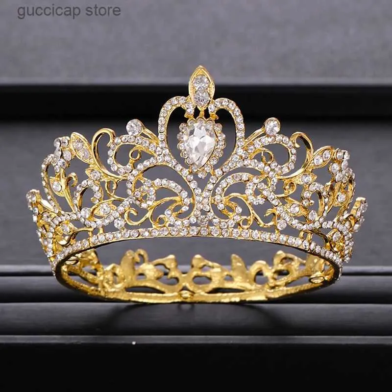 Tiaras Trendy Bride Crown Baroque Rhinestone Crystal Crown Headband Queen Crown Golden Crown Hair Accessories Bridal Wedding Crown Y240319