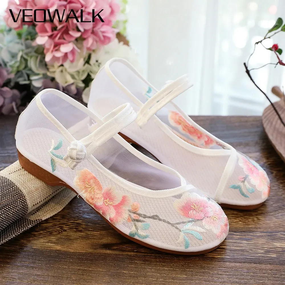 Lägenheter Veowalk Summer Women Gaze Transparent Cotton Tyg Ballet Flats Blomma broderade nätskor för eleganta damer vitrosa