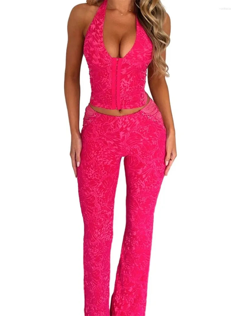 Women's Two Piece Pants Wsevypo 2Pieces Sets Sexy Summer Backless Halter Tie-up Corset Crop Tops And Side Cross Tied Flare Clubwear