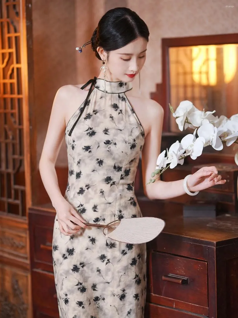 Ethnic Clothing Chinese Style Halter Silk Linen Long Cheongsam Spring Summer Improvement Young Girly Temperamental High-End Slim Fit