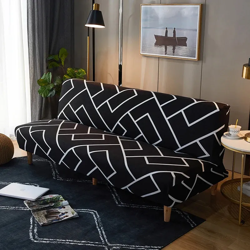 Black Geometric Folding Soffa Bed Cover Soffa Covers Spandex StretchDouble Seat Cover Slipcovers för vardagsrum Geometriskt tryck 240313