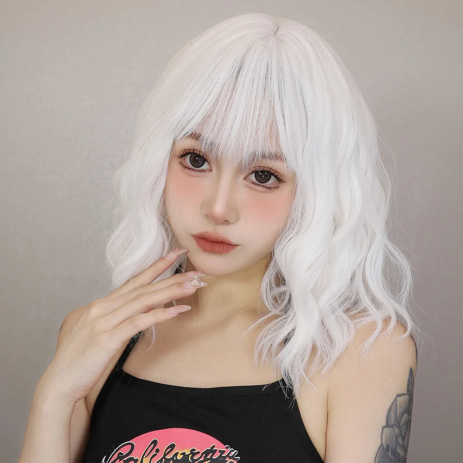 synthetic wigs korean wigs online Synthetic Wigs White Platinum Blonde Short Curly Wavy Synthetic