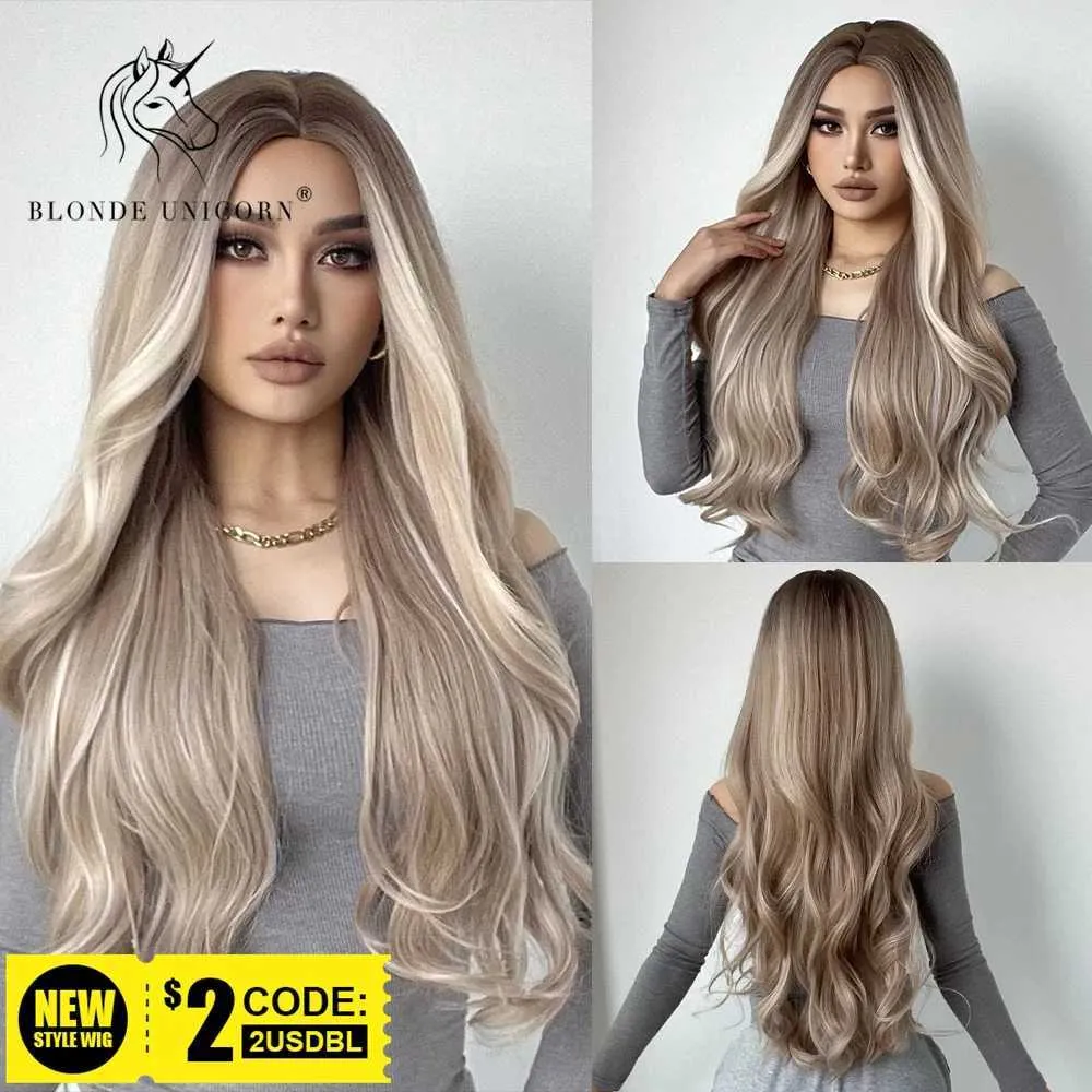 Perruques synthétiques Blonde Licorne Synthet Perruque Longue Ondulée Mixte Brun Blonde pour Blanc Noir Femmes Fête Quotidienne Haute Densité Température Fibre Cheveux 240328 240327