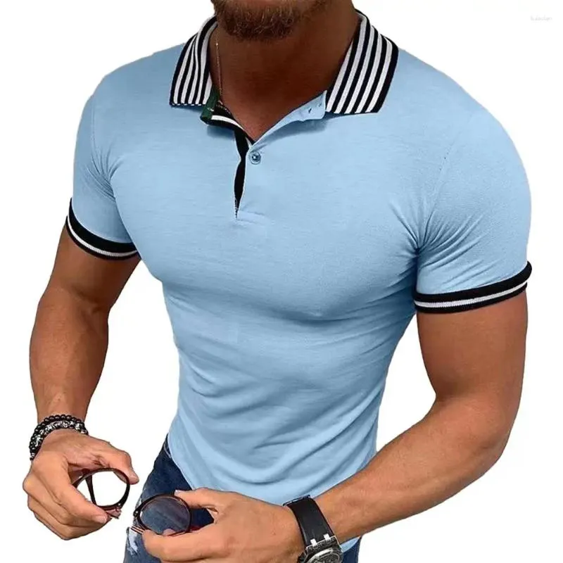 Mäns casual skjortor män t shirt lapel vanlig kort ärm stripwd tee topp prisvärt märke för