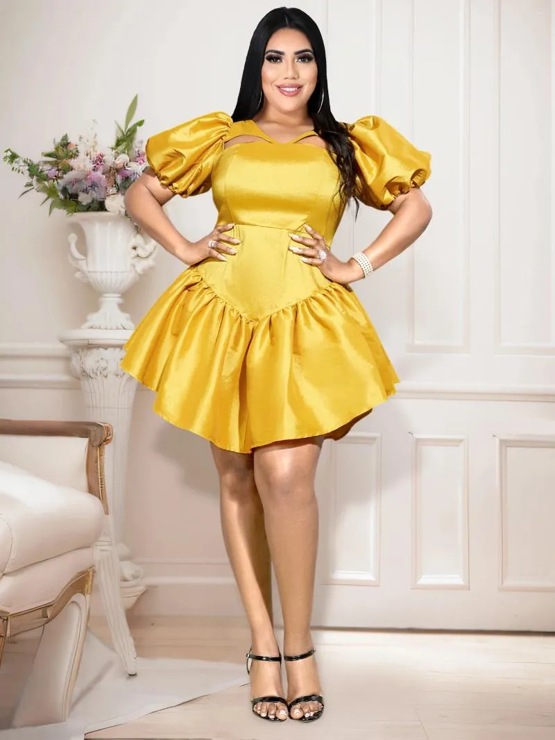 Plus Size Dresses Yellow Shiny Women Mini Club Party Dress Cut Out Chest Wrapping Puff Sleeve Pleated Summer Stylish Gowns Birthday Prom