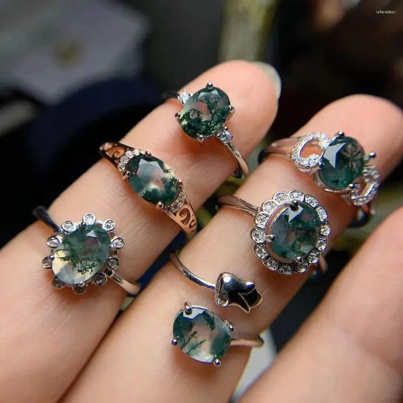 Klusterringar som säljer 925 Sterling Silver Natural Moss Agate Ring Engagement Wedding Justerable for Women Gift
