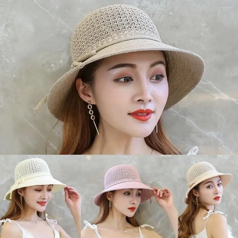Wide Brim Hats Ladies Panama Caps Sun Protection White Pink Polyester Bucket Hat Beach