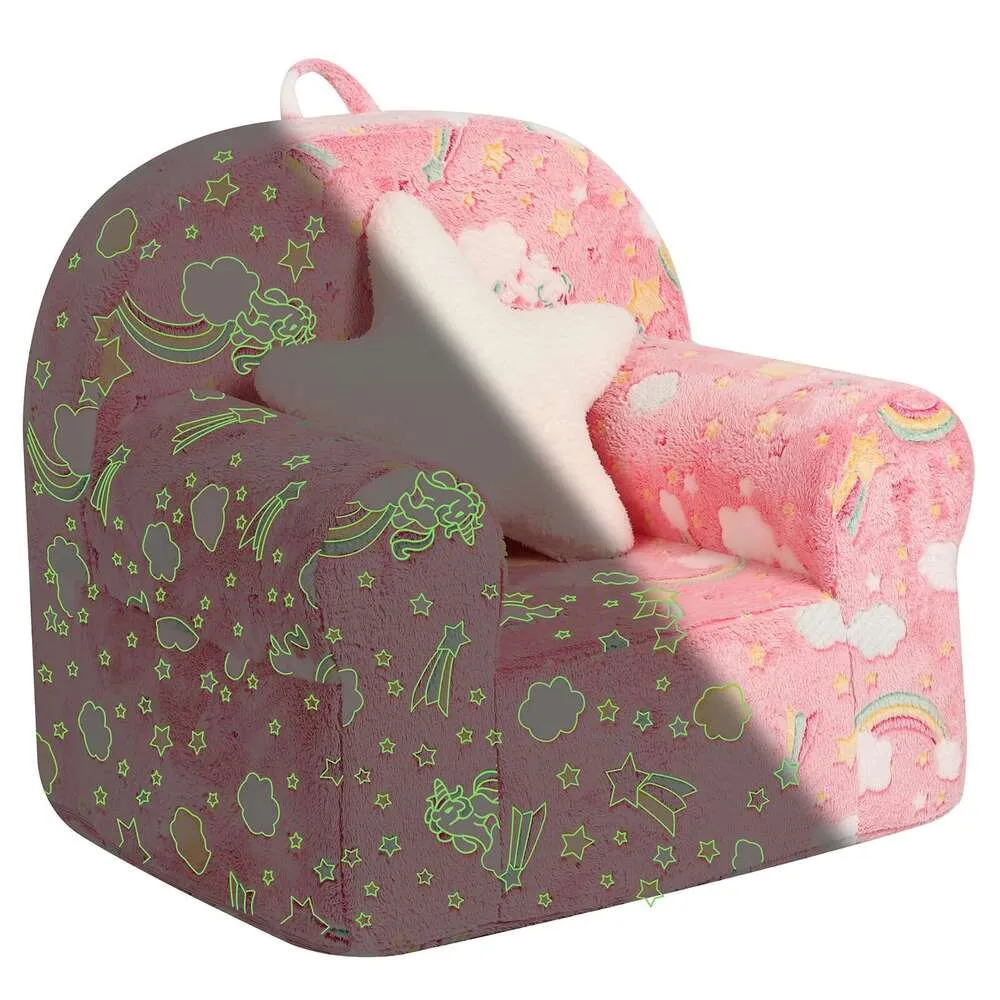 Momcaywex Rainbow Unicorn Kids Sofa with Star Throw Pillow、High Back幼児の椅子は男の子と女の子のために暗闇の中で輝き、ピンク