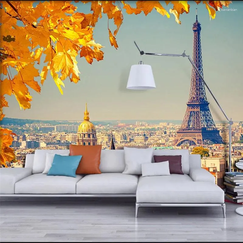 Wallpapers personalizado 3d mural papel de parede para parede palha cidade europeia torre eiffel folhas amarelas moderna sala cenário decoração de casa