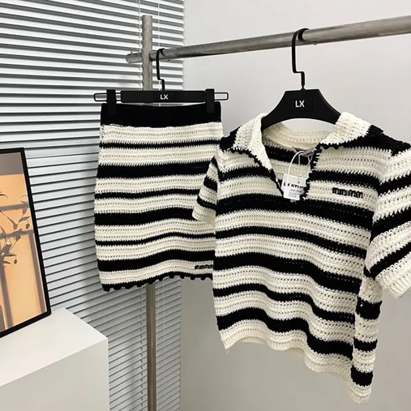 Striped Sport Suit Skirt Woman Fashion Temperament Short Sleeve Dress Y2K Girls Correct Letter T Shirt Sexy Set SML 2024 New