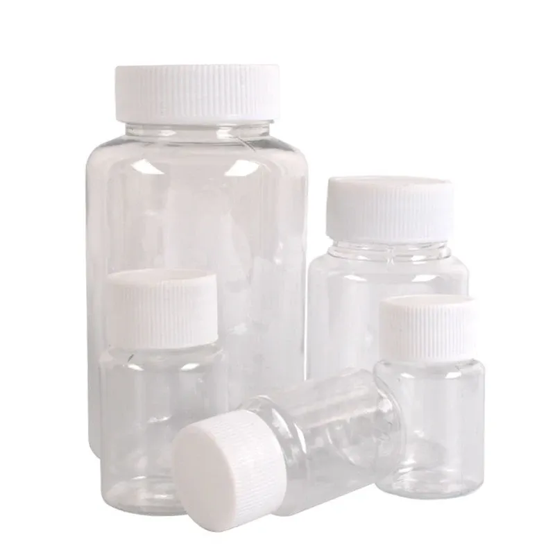 Flaskor 50 st 15 ml/20 ml/30 ml/50 ml plast husdjur klara tätningsflaskor fast pulvermedicinsk kemisk containerreagens injektionsflaskor