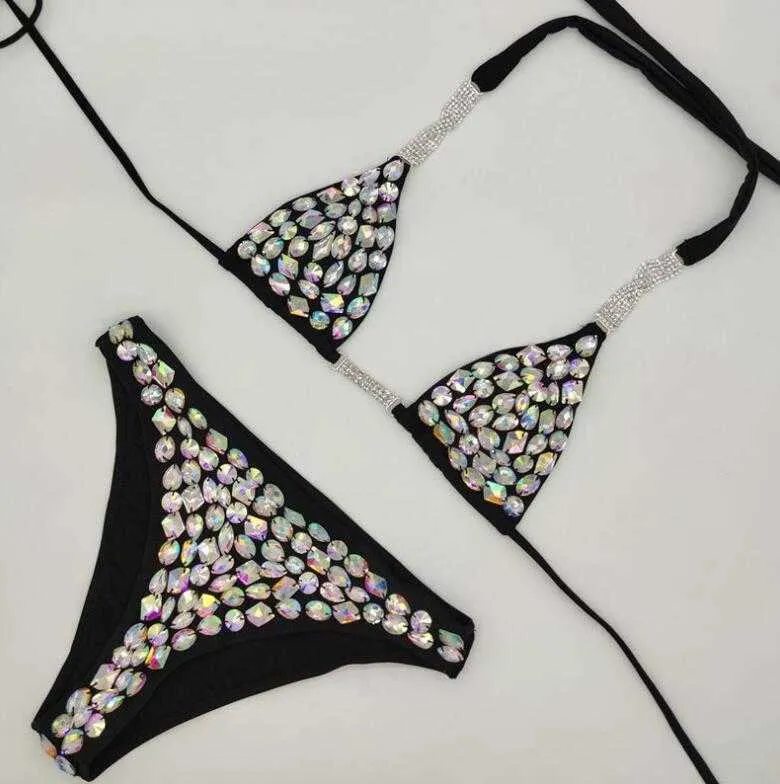 New 2021 Stock 5colors Triangle Top Ties Sparkly Crystal Bikini Sexi Ladies Diamond Swimwear