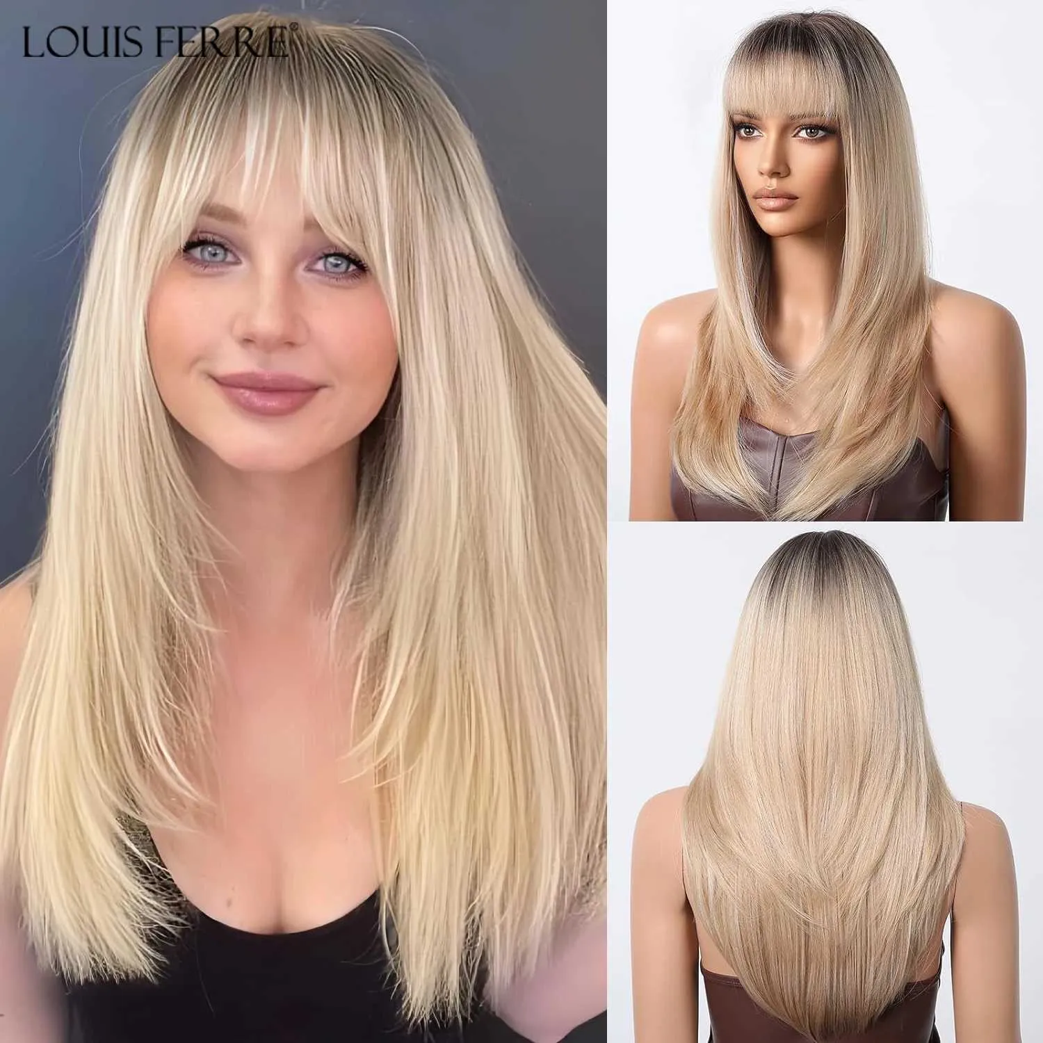 Synthetic Wigs Cosplay Wigs Black Roots Synthetic Wigs for Women Ombre Blonde Straight Hair With Bangs Medium Length Heat Resistant Wig Cosplay Daily Use 240329