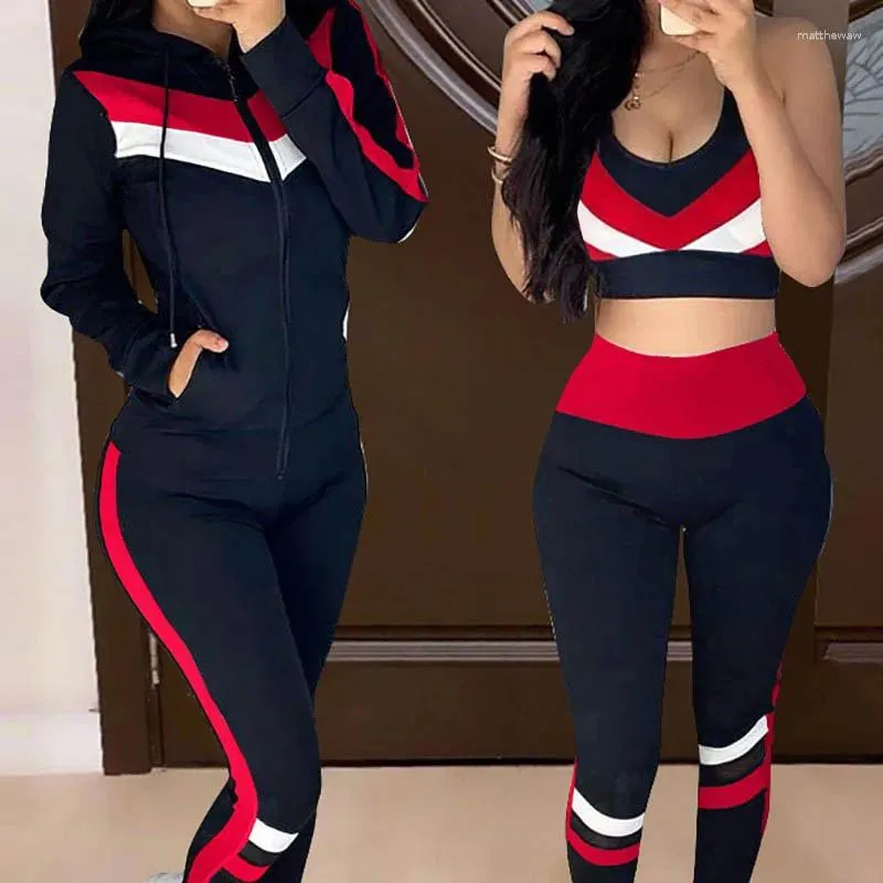 Mulheres duas peças calças zíper com capuz 3pcs conjunto mulheres outono tracksuits retalhos listra impressão jaqueta tanque longo motociclista conjuntos de roupas elásticas