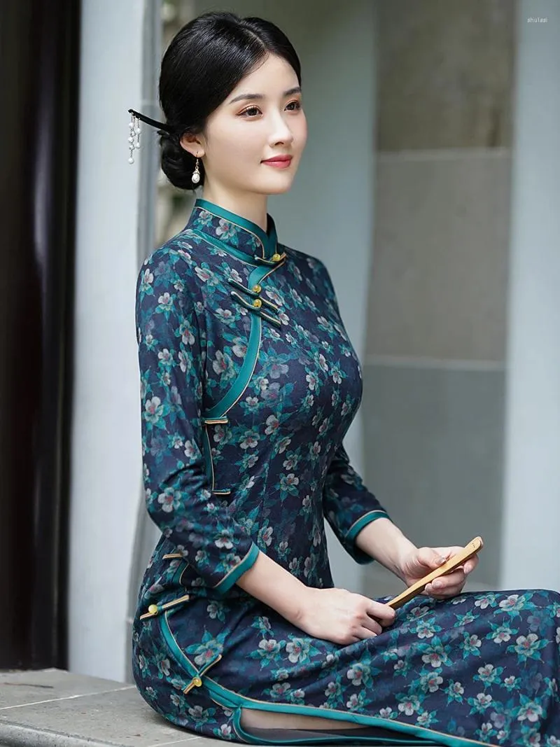 Vêtements ethniques Vieux Shanghai Jeune Haute Qualité Manches Longues Plus Taille Cheongsam Automne Et Hiver Minceur Quotidienne Robe Pour Femmes