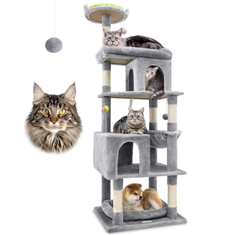 Globlazer S72 Uzun boylu büyük ağaç, STURDY SERİS 72in Kedi Kulesi İç Mekan Yetişkin En Büyük Kediler için Kınamak (Maine Coon) 20lbs+, 6 Kazık direkleri, 2 rahat mağaralar, hamak