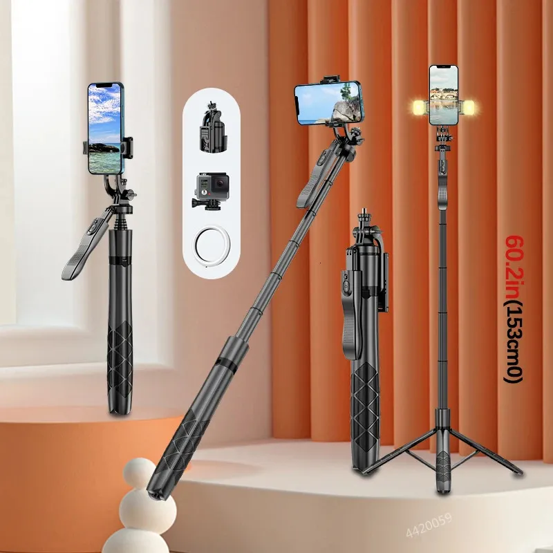 Roreta 2024 Foldable Wireless Bluetooth Selfie Stick Monopod With Shutter Fill Light Aluminum Alloy Tripod 240309