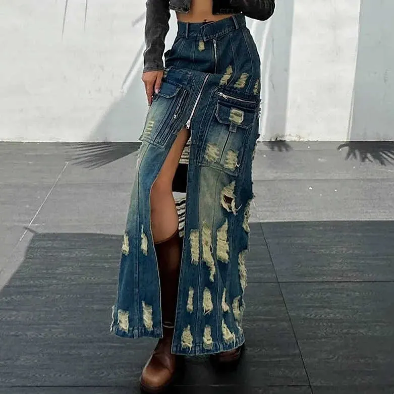 Novo design personalizado com múltiplas saias jeans cargo com zíper rasgado saia jeans longa para mulheres