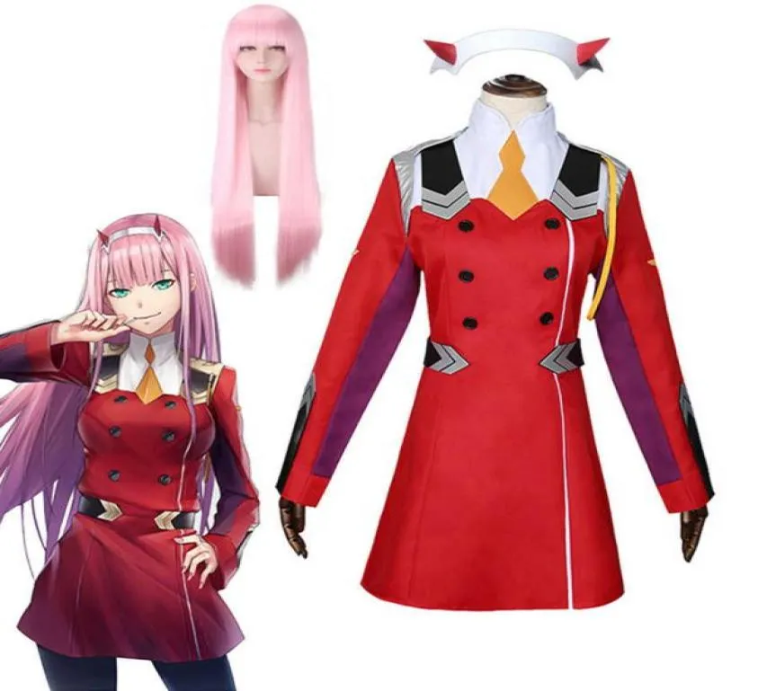 Zero Two Cosplay Kostüme Anime DARLING in the FRANXX Zero Two 02 Kleid Uniform Anzüge Kopfbedeckung Perücke Frauen Halloween Kostüm Kleid G9519081