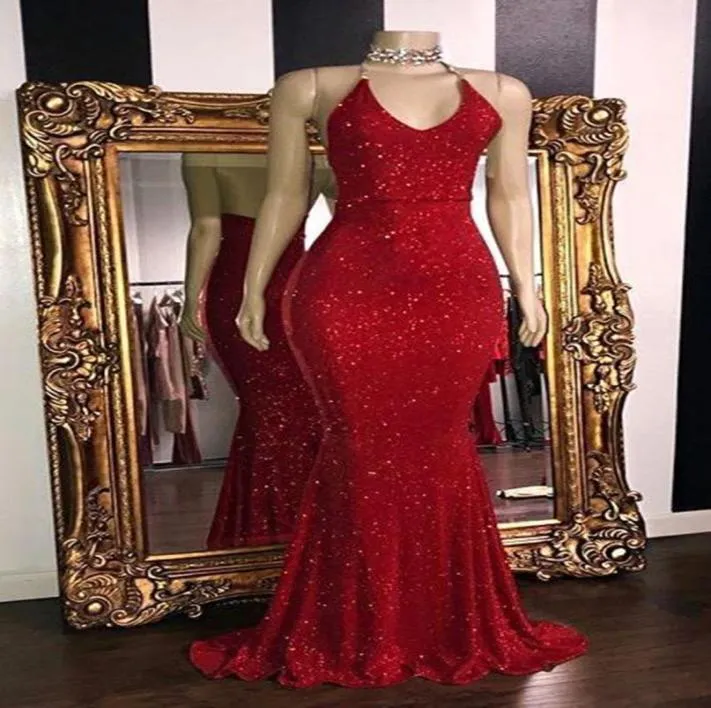 Plus Size Rode Pailletten Zeemeermin Galajurken Elegante Spaghetti Avondjurken 2022 Sexy Backless Vrouwen Formele Feestjurk Op Maat9273603