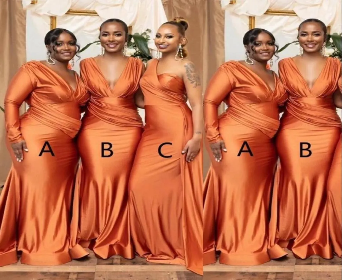 2023 Bridesmaid Dresses African Orange Plus Size Mermaid Nigeria Girls Summer Wedding Guest Dress Sexy V neck Long Maid of Honor G1565012