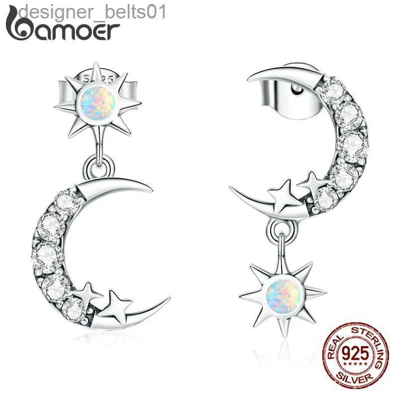 Stud Bamoer 925 Sterling Gümüş Parlayan Yıldız ve Ay Saplama Küpe Kristal Altın Toka Küpeleri Kadın nişan kulağı Jewelryc24319