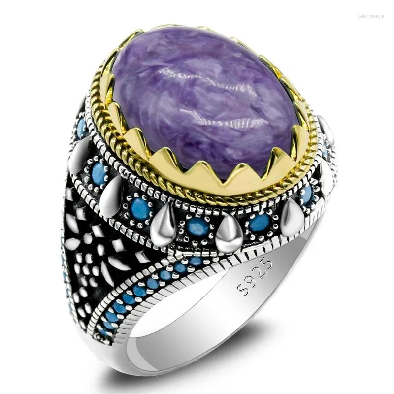 Bagues de cluster Bijoux turcs Hommes Naturel Eye Purple Dragon Pierre 925 Bague en argent sterling Vintage Turquoise Style Punk Dames