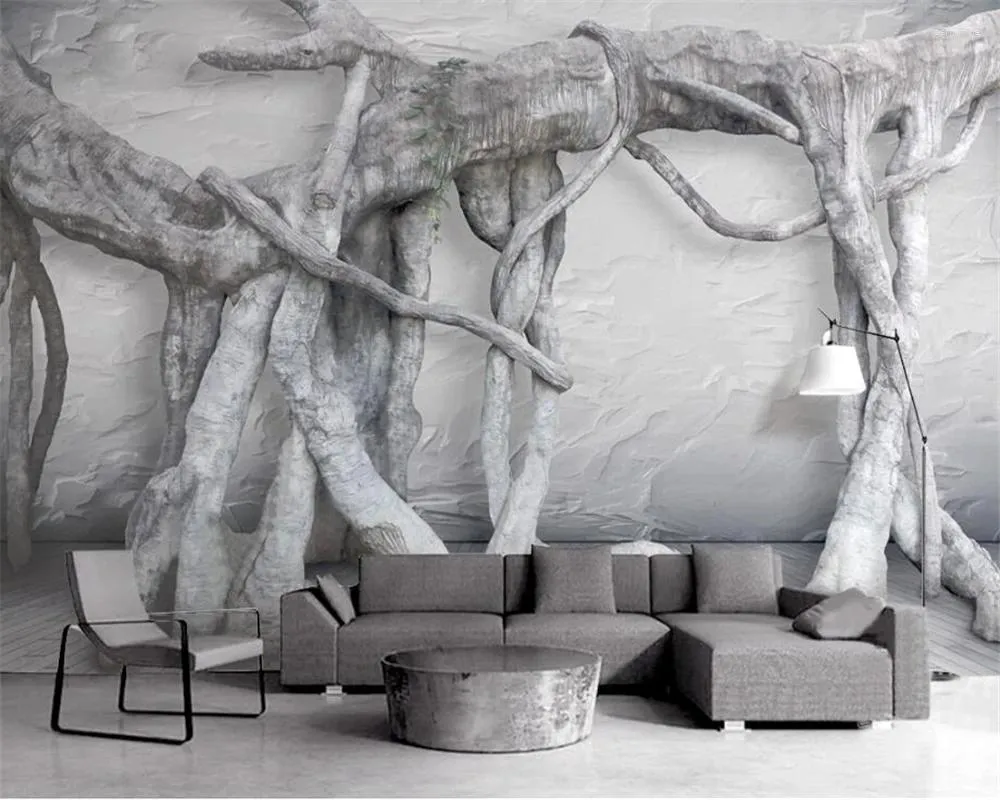 Fonds d'écran noir et blanc 3D tridimensionnel art arbre racine forêt vierge TV fond salon peintures murales papier peint pour murs 3 D